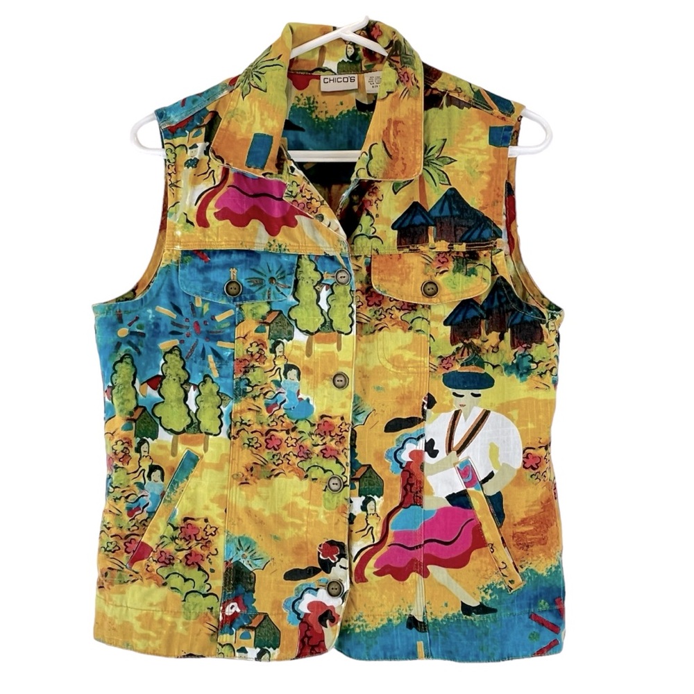Vintage Chico's Vest Linen Cotton Fiesta Scenery Colorful Size 8 / M